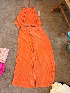Vici Little Havana Orange Two-Piece Halter Top & Wide Leg Pants Set